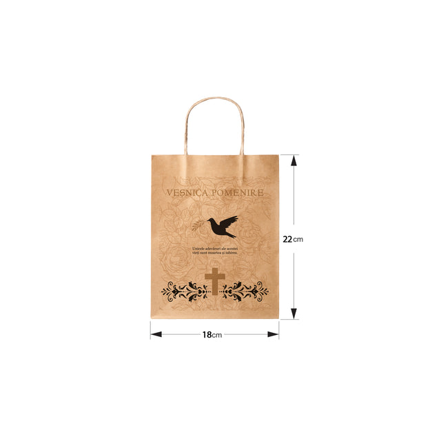 Pungă hârtie kraft NATUR pentru parastas, pomană, înmormântare „Porumbel cu Trandafiri” Veşnică Pomenire – mânere răsucite – 18 x 22(H) x 8 cm