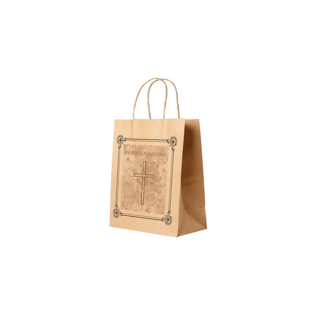 Pungă hârtie kraft NATUR pentru parastas, pomană, înmormântare „Grădina Cerului” Veşnică Pomenire – mânere răsucite – 18 x 22(H) x 8 cm