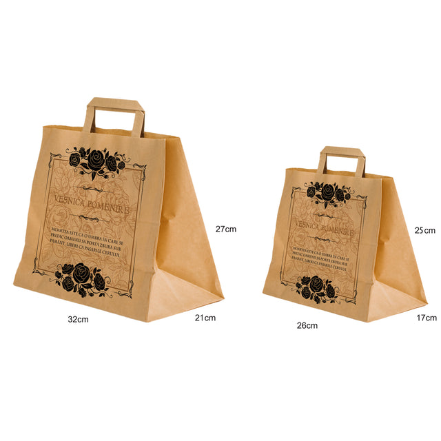 Pungă hârtie kraft NATUR pentru parastas, pomană, înmormântare „Trandafiri Negri” Veşnică Pomenire – mânere plate – 26 x 25(H) x 17 cm