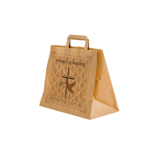 Pungă hârtie kraft NATUR pentru parastase, comemorări, înmormântări Veșnica Pomenire, mânere plate - Model 1 26 x 26(H) x 17cm