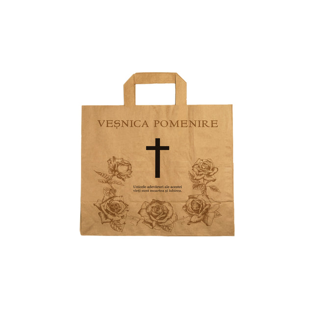 Pungă hârtie kraft NATUR pentru parastas, pomană, înmormântare „Trandafirii Aurii” Veşnică Pomenire – mânere plate – 26 x 25(H) x 17 cm