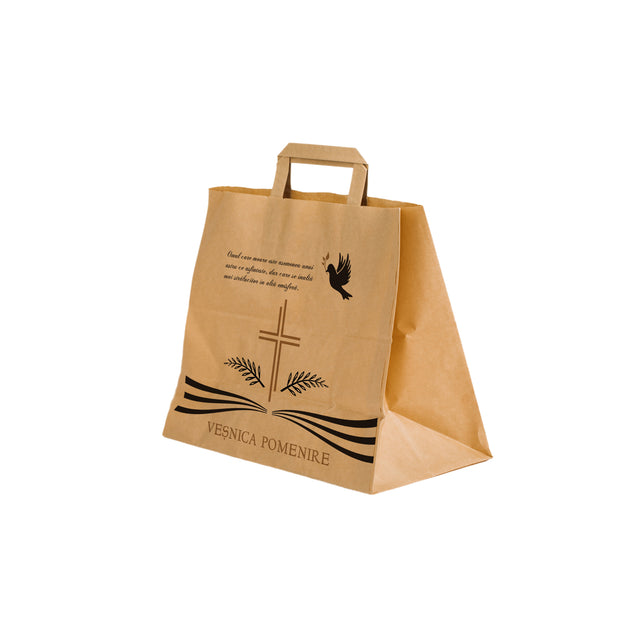 Pungă hârtie kraft NATUR pentru parastase, comemorări, înmormântări Veșnica Pomenire, mânere plate - Model 3 26 x 26(H) x 17cm