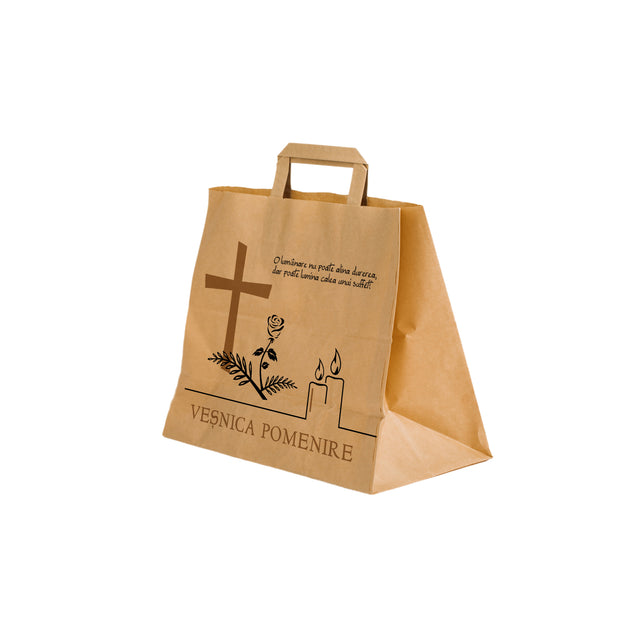 Pungă hârtie kraft NATUR pentru parastas, pomană, înmormântare „Lumânare şi Trandafir” Veşnică Pomenire – mânere plate – 26 x 25(H) x 17 cm