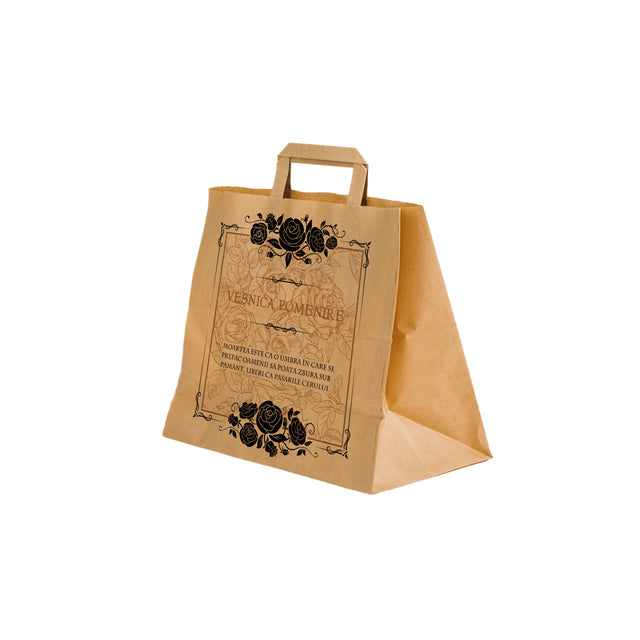Pungă hârtie kraft NATUR pentru parastase, comemorări, înmormântări Veșnica Pomenire, mânere plate - Model 7 26 x 26(H) x 17cm