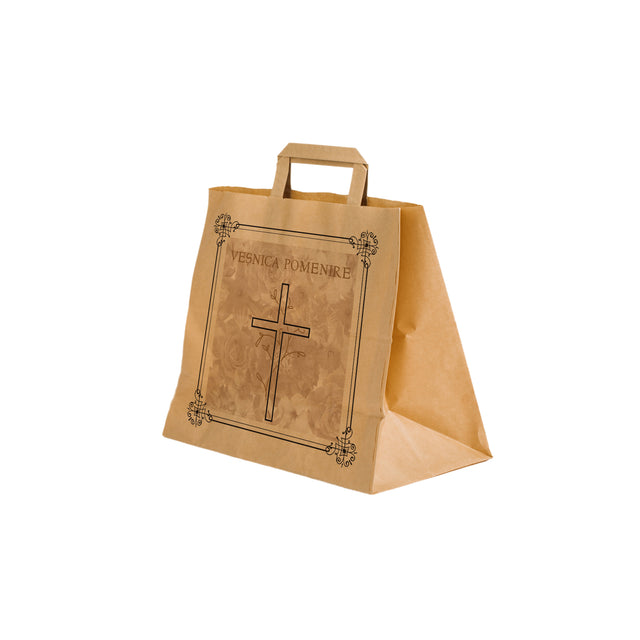 Pungă hârtie kraft NATUR pentru parastase, comemorări, înmormântări Veșnica Pomenire, mânere plate - Model 8 32 x 27(H) x 21cm