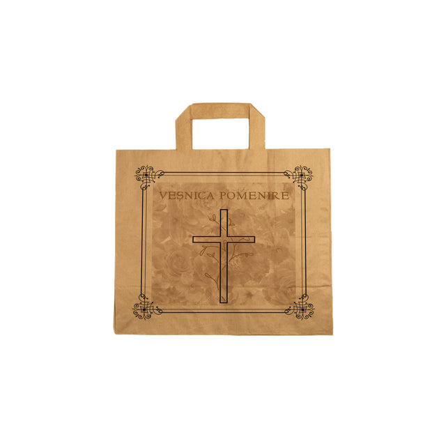 Pungă hârtie kraft NATUR pentru parastase, comemorări, înmormântări Veșnica Pomenire, mânere plate - Model 8 26 x 26(H) x 17cm