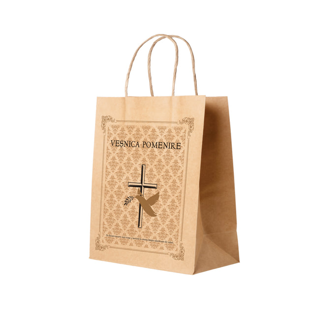 Pungă hârtie kraft NATUR pentru parastase, comemorări, înmormântări Veșnica Pomenire, mânere răsucite - Model 1 27 x 36(H) x 11cm