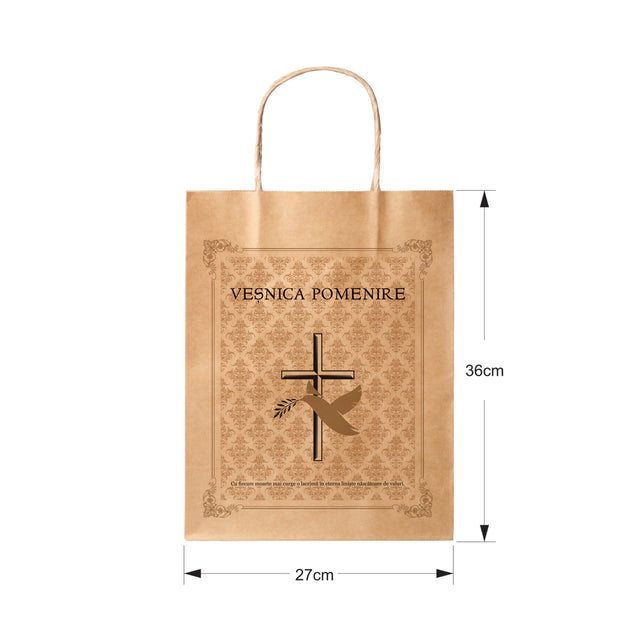 Pungă hârtie kraft NATUR pentru parastase, comemorări, înmormântări Veșnica Pomenire, mânere răsucite - Model 1 27 x 36(H) x 11cm