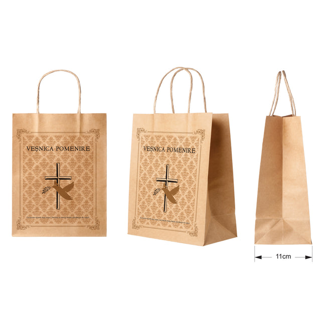 Pungă hârtie kraft NATUR pentru parastase, comemorări, înmormântări Veșnica Pomenire, mânere răsucite - Model 1 27 x 36(H) x 11cm