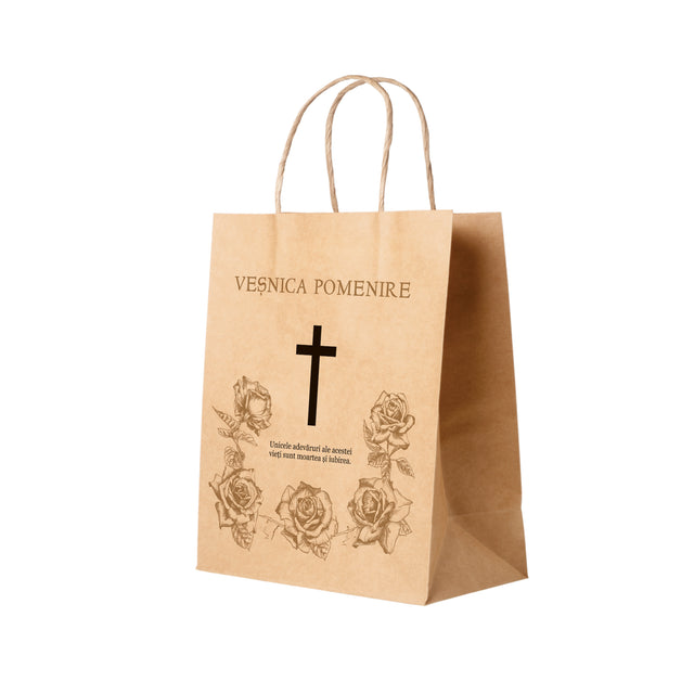 Pungă hârtie kraft NATUR pentru parastase, comemorări, înmormântări Veșnica Pomenire, mânere răsucite - Model 2 27 x 36(H) x 11cm