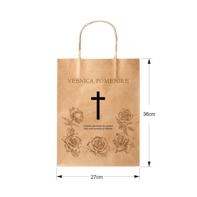 Pungă hârtie kraft NATUR pentru parastase, comemorări, înmormântări Veșnica Pomenire, mânere răsucite - Model 2 27 x 36(H) x 11cm