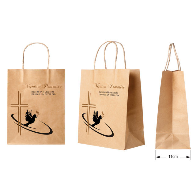 Pungă hârtie kraft NATUR pentru parastase, comemorări, înmormântări Veșnica Pomenire, mânere răsucite - Model 4 27 x 36(H) x 11cm