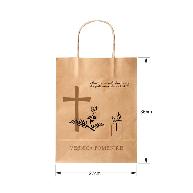 Pungă hârtie kraft NATUR pentru parastase, comemorări, înmormântări Veșnica Pomenire, mânere răsucite - Model 5 27 x 36(H) x 11cm