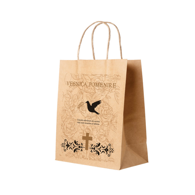 Pungă hârtie kraft NATUR pentru parastase, comemorări, înmormântări Veșnica Pomenire, mânere răsucite - Model 6 27 x 36(H) x 11cm