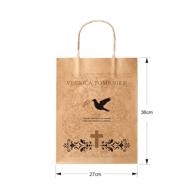Pungă hârtie kraft NATUR pentru parastase, comemorări, înmormântări Veșnica Pomenire, mânere răsucite - Model 6 27 x 36(H) x 11cm