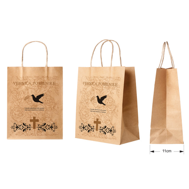 Pungă hârtie kraft NATUR pentru parastase, comemorări, înmormântări Veșnica Pomenire, mânere răsucite - Model 6 27 x 36(H) x 11cm