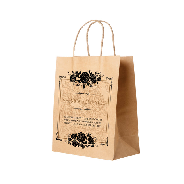Pungă hârtie kraft NATUR pentru parastase, comemorări, înmormântări Veșnica Pomenire, mânere răsucite - Model 7 27 x 36(H) x 11cm