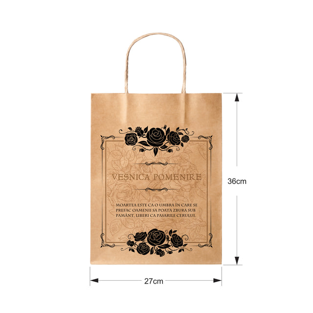 Pungă hârtie kraft NATUR pentru parastase, comemorări, înmormântări Veșnica Pomenire, mânere răsucite - Model 7 27 x 36(H) x 11cm