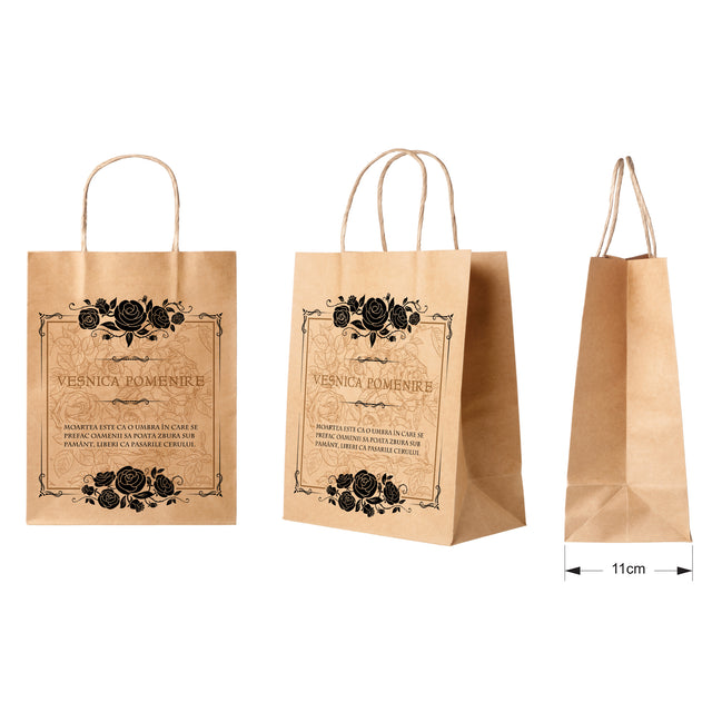 Pungă hârtie kraft NATUR pentru parastase, comemorări, înmormântări Veșnica Pomenire, mânere răsucite - Model 7 27 x 36(H) x 11cm