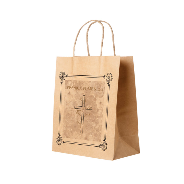 Pungă hârtie kraft NATUR pentru parastase, comemorări, înmormântări Veșnica Pomenire, mânere răsucite - Model 8 27 x 36(H) x 11cm