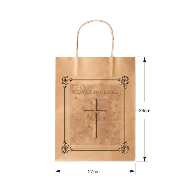 Pungă hârtie kraft NATUR pentru parastase, comemorări, înmormântări Veșnica Pomenire, mânere răsucite - Model 8 27 x 36(H) x 11cm