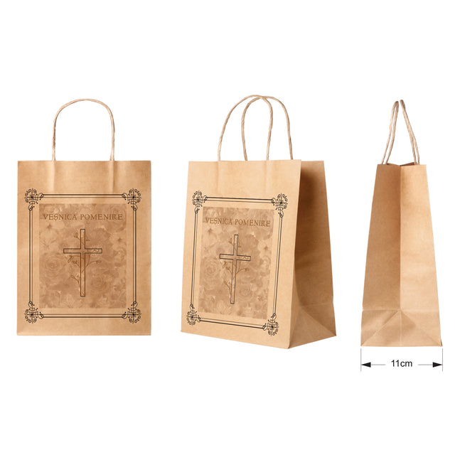Pungă hârtie kraft NATUR pentru parastase, comemorări, înmormântări Veșnica Pomenire, mânere răsucite - Model 8 27 x 36(H) x 11cm