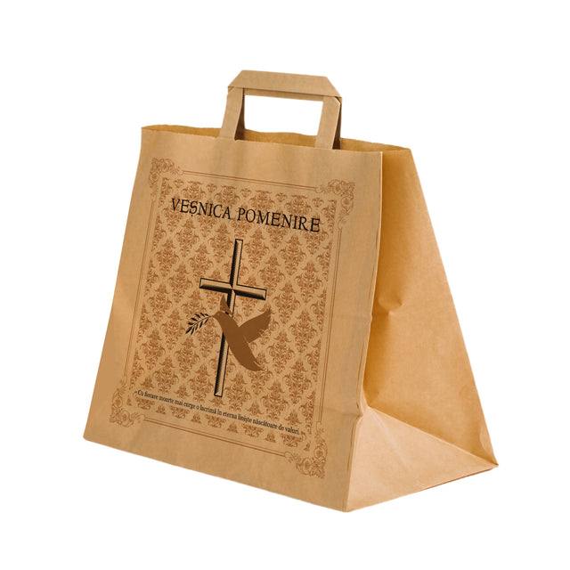 Pungă hârtie kraft NATUR pentru parastase, comemorări, înmormântări Veșnica Pomenire, mânere plate - Model 1 32 x 27(H) x 21cm