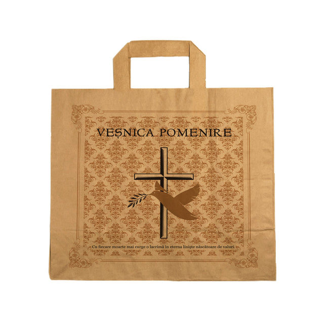 Pungă hârtie kraft NATUR pentru parastase, comemorări, înmormântări Veșnica Pomenire, mânere plate - Model 1 32 x 27(H) x 21cm