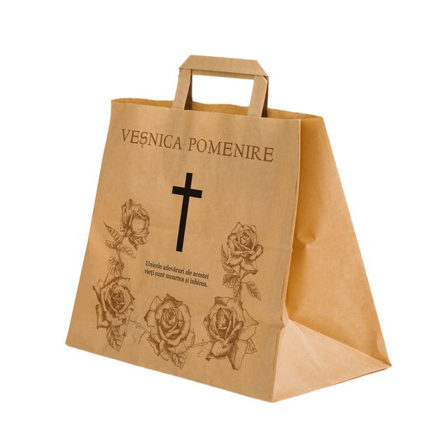 Pungă hârtie kraft NATUR pentru parastase, comemorări, înmormântări Veșnica Pomenire, mânere plate - Model 2 32 x 27(H) x 21cm