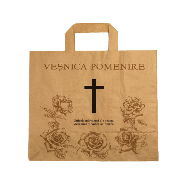 Pungă hârtie kraft NATUR pentru parastase, comemorări, înmormântări Veșnica Pomenire, mânere plate - Model 2 32 x 27(H) x 21cm