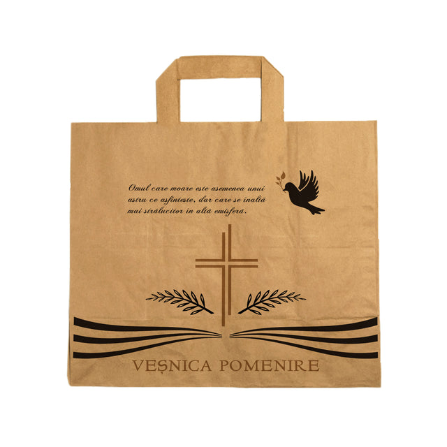 Pungă hârtie kraft NATUR pentru parastase, comemorări, înmormântări Veșnica Pomenire, mânere plate - Model 3 32 x 27(H) x 21cm