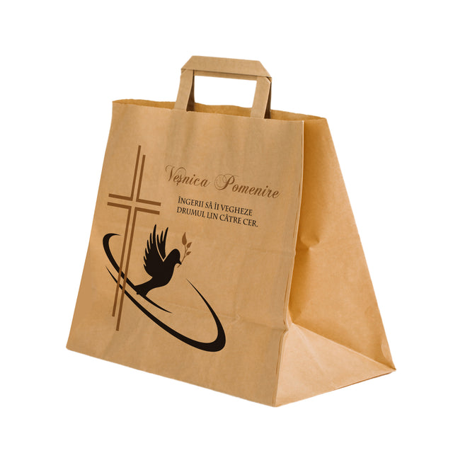 Pungă hârtie kraft NATUR pentru parastase, comemorări, înmormântări Veșnica Pomenire, mânere plate - Model 4 32 x 27(H) x 21cm