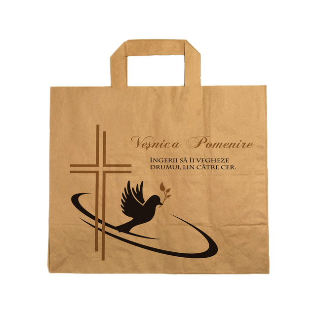 Pungă hârtie kraft NATUR pentru parastase, comemorări, înmormântări Veșnica Pomenire, mânere plate - Model 4 32 x 27(H) x 21cm