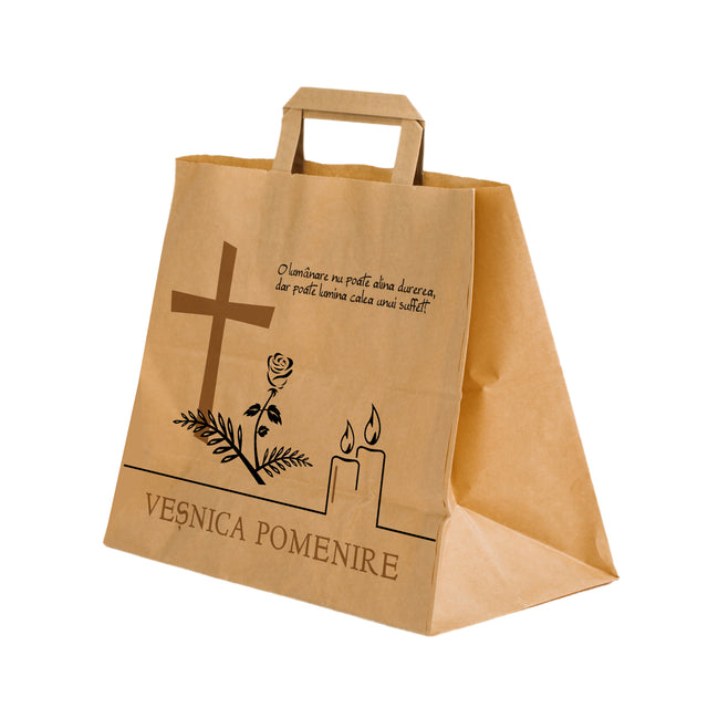 Pungă hârtie kraft NATUR pentru parastase, comemorări, înmormântări Veșnica Pomenire, mânere plate - Model 5 32 x 27(H) x 21cm