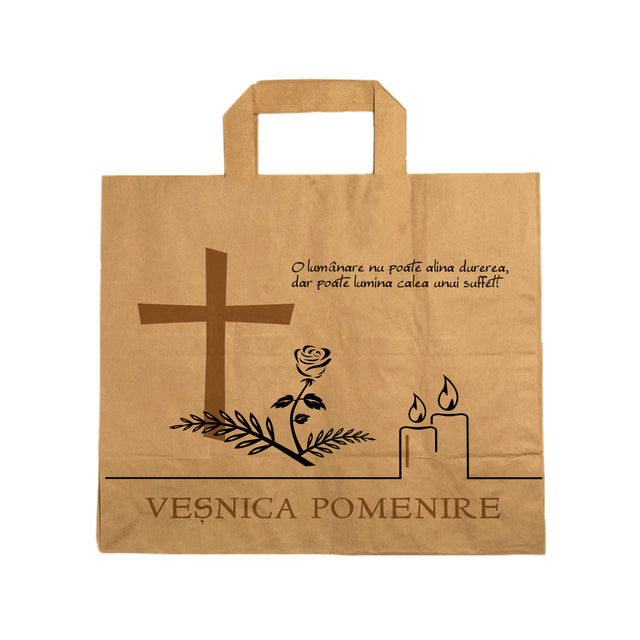Pungă hârtie kraft NATUR pentru parastase, comemorări, înmormântări Veșnica Pomenire, mânere plate - Model 5 32 x 27(H) x 21cm
