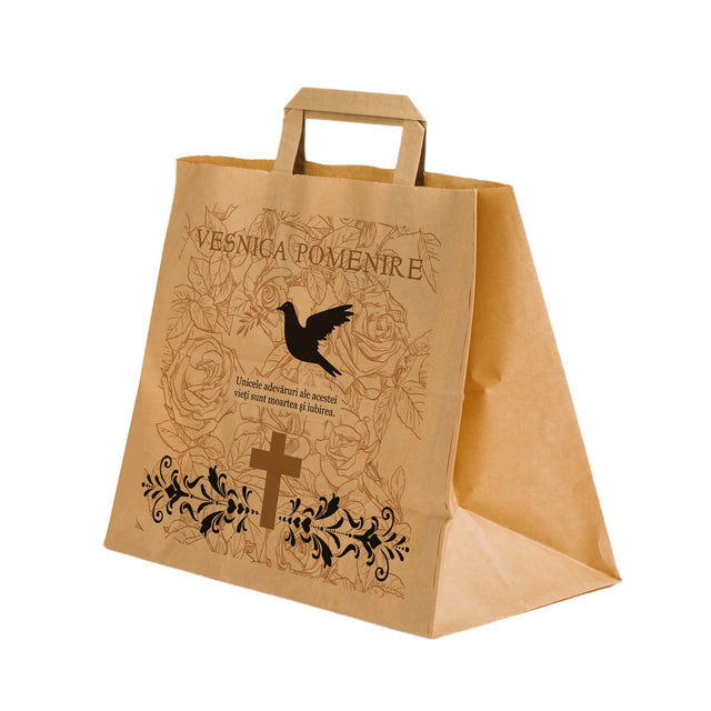 Pungă hârtie kraft NATUR pentru parastase, comemorări, înmormântări Veșnica Pomenire, mânere plate - Model 6 32 x 27(H) x 21cm