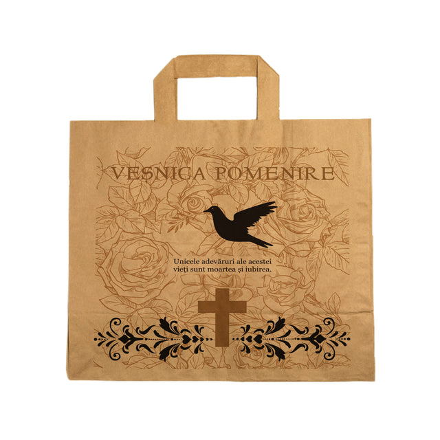 Pungă hârtie kraft NATUR pentru parastase, comemorări, înmormântări Veșnica Pomenire, mânere plate - Model 6 32 x 27(H) x 21cm