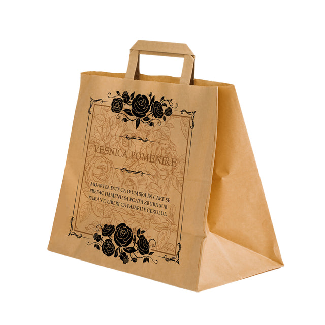 Pungă hârtie kraft NATUR pentru parastase, comemorări, înmormântări Veșnica Pomenire, mânere plate - Model 7 32 x 27(H) x 21cm