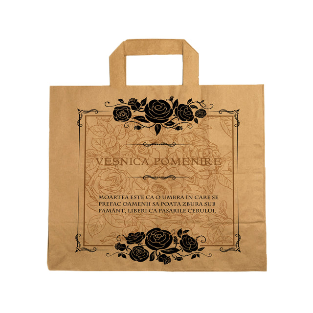 Pungă hârtie kraft NATUR pentru parastase, comemorări, înmormântări Veșnica Pomenire, mânere plate - Model 7 32 x 27(H) x 21cm