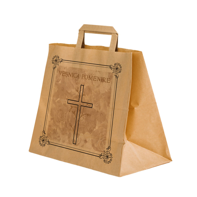 Pungă hârtie kraft NATUR pentru parastase, comemorări, înmormântări Veșnica Pomenire, mânere plate - Model 8 32 x 27(H) x 21cm