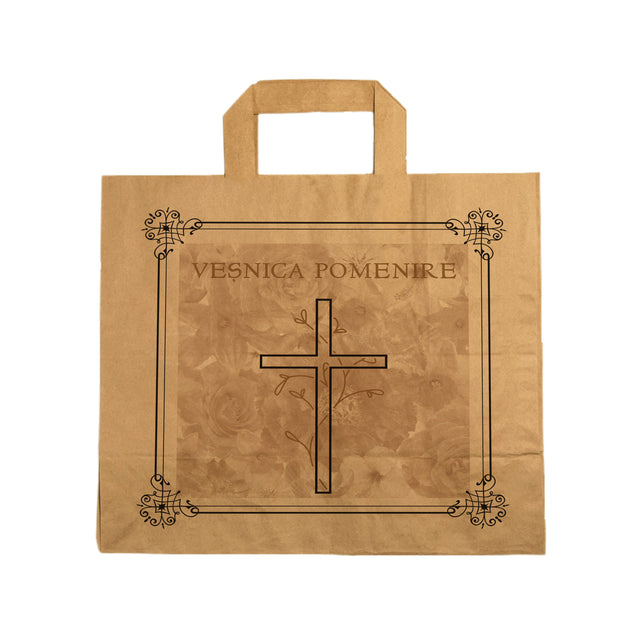 Pungă hârtie kraft NATUR pentru parastase, comemorări, înmormântări Veșnica Pomenire, mânere plate - Model 8 32 x 27(H) x 21cm