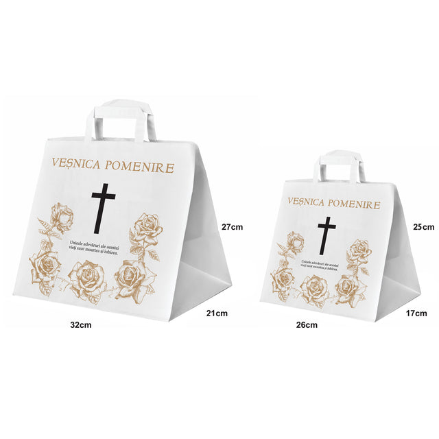 Pungă hârtie kraft ALB pentru parastas, pomană, înmormântare „Trandafirii Aurii” Veşnică Pomenire – mânere plate – 32 x 27(H) x 21 cm