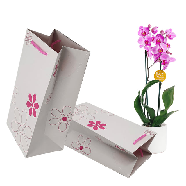 Pungă hârtie ROZ pentru flori (ORHIDEE) cu mânere din șnur textil 16 x 33(H) x 13cm