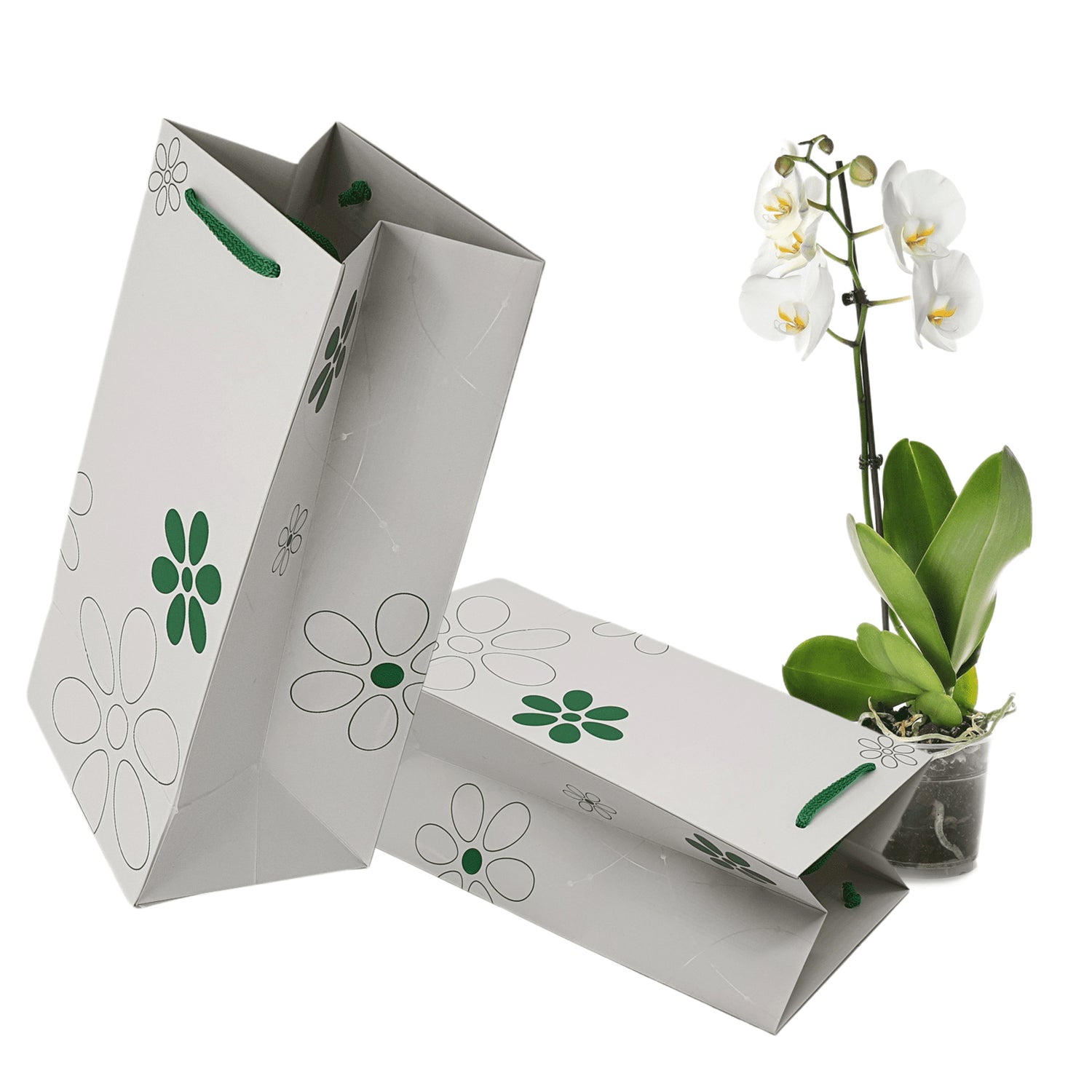 Pungă hârtie VERDE pentru flori (ORHIDEE) cu mânere din șnur textil 16 x 33(H) x 13cm