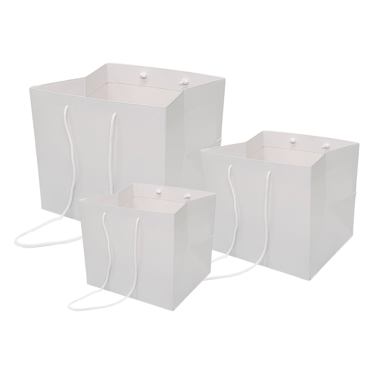 Pungă hârtie ALBĂ pentru flori cu mânere din șnur textil 16 x 17(H) x 15cm