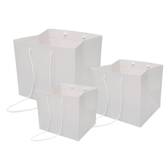 Pungă hârtie ALBĂ pentru flori cu mânere din șnur textil 16 x 17(H) x 15cm