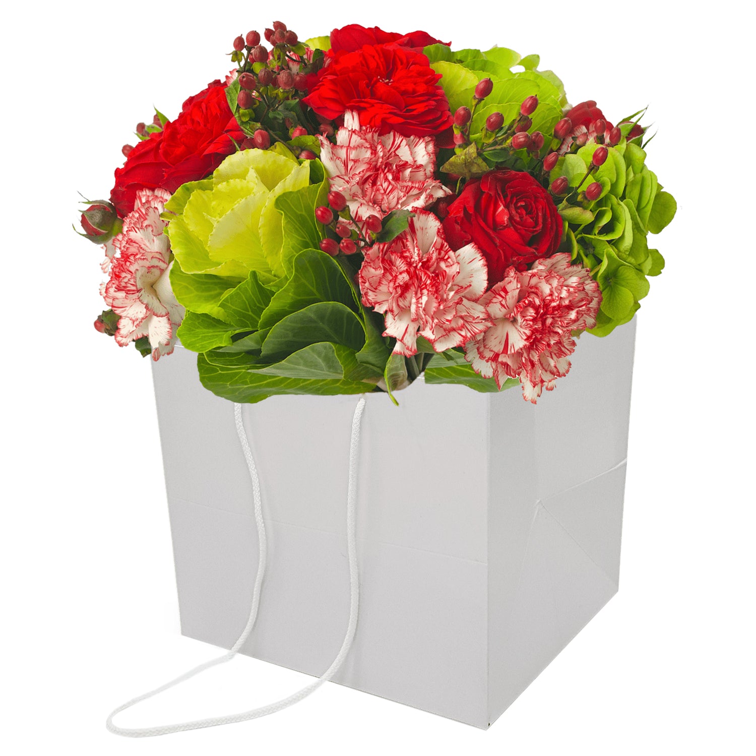 Pungă hârtie ALBĂ pentru flori cu mânere din șnur textil 30 x 25(H) x 27cm