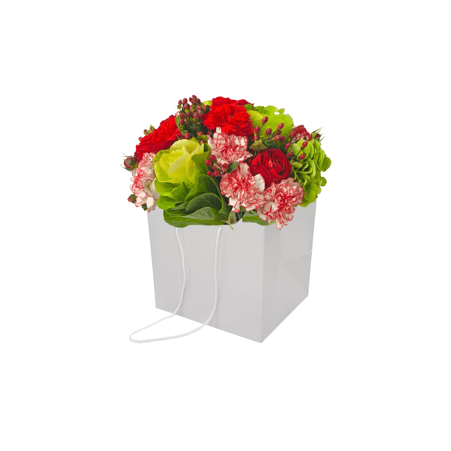 Pungă hârtie ALBĂ pentru flori cu mânere din șnur textil 16 x 17(H) x 15cm