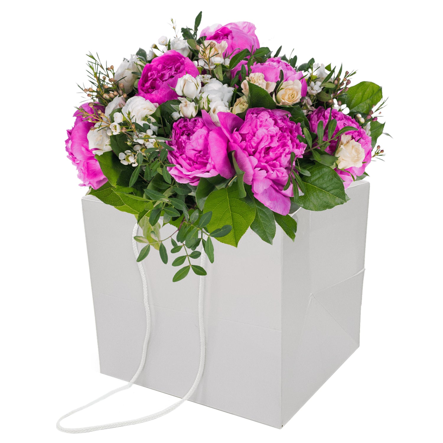 Pungă hârtie ALBĂ pentru flori cu mânere din șnur textil 30 x 25(H) x 27cm