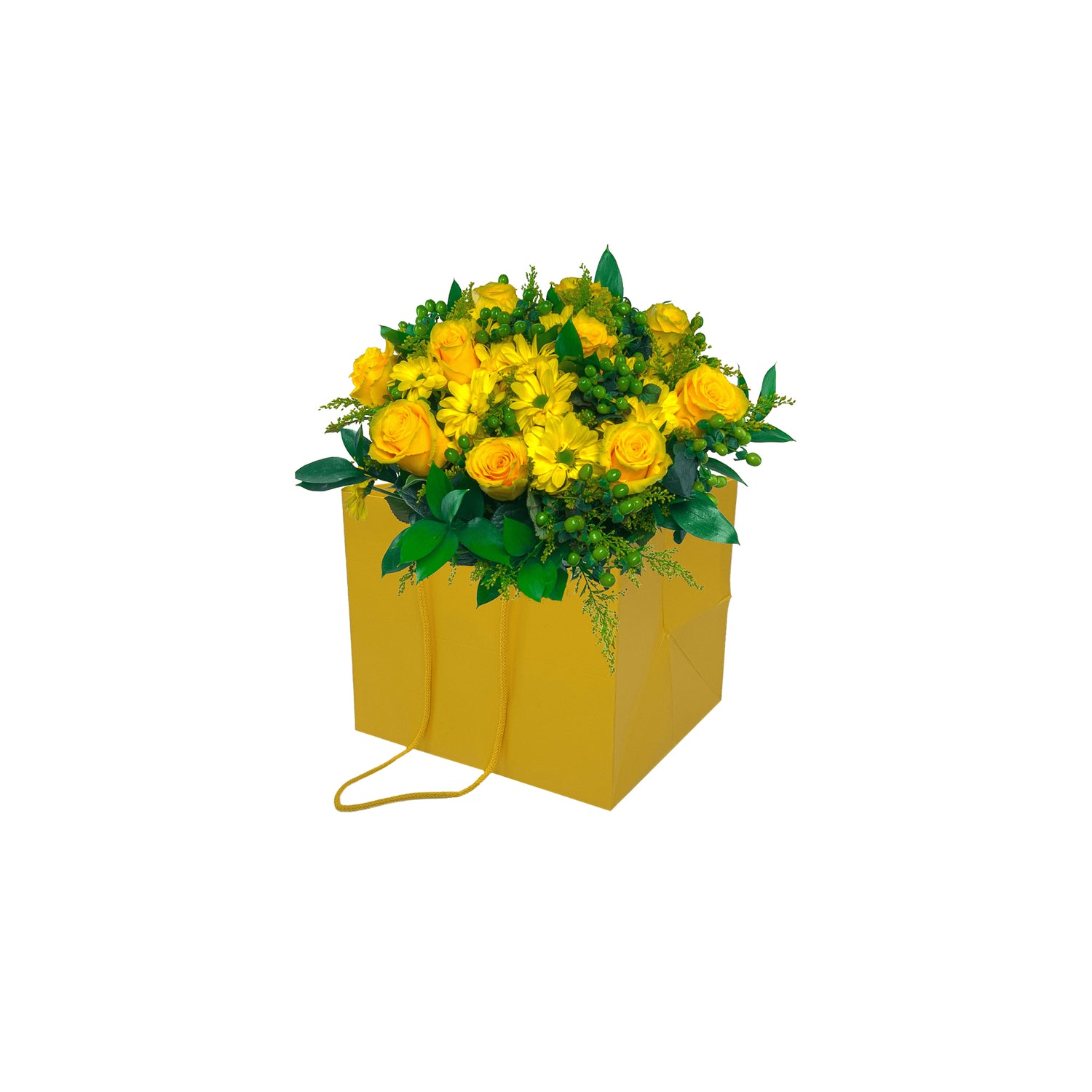 Pungă hârtie GALBENĂ pentru flori cu mânere din șnur textil 16 x 17(H) x 15cm